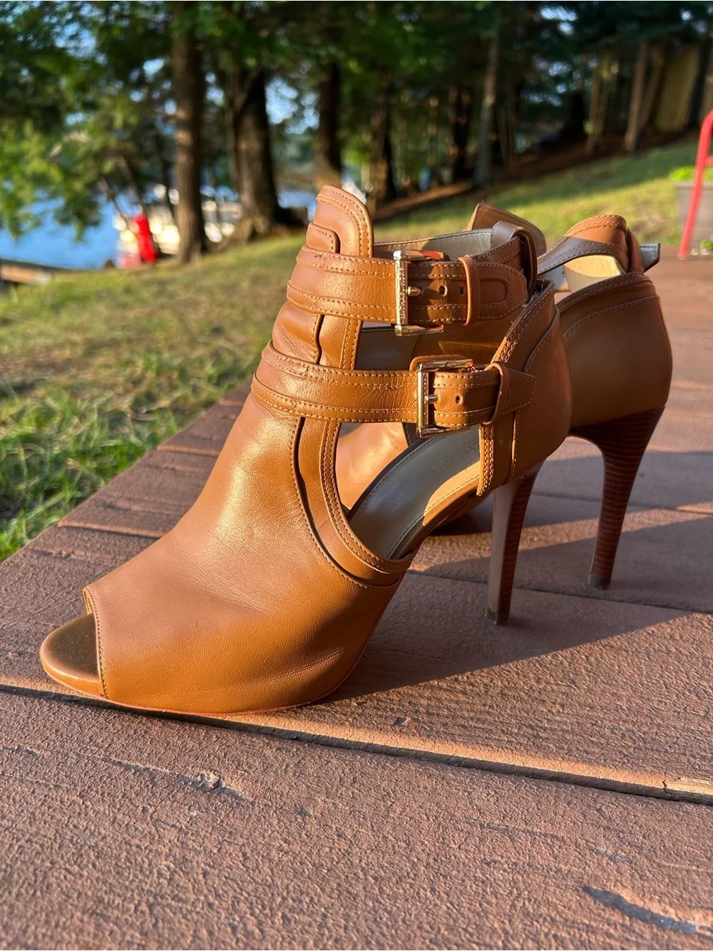 Women's Michael Kors Tan Leather Peep-Toe Heels with Buckle Straps
